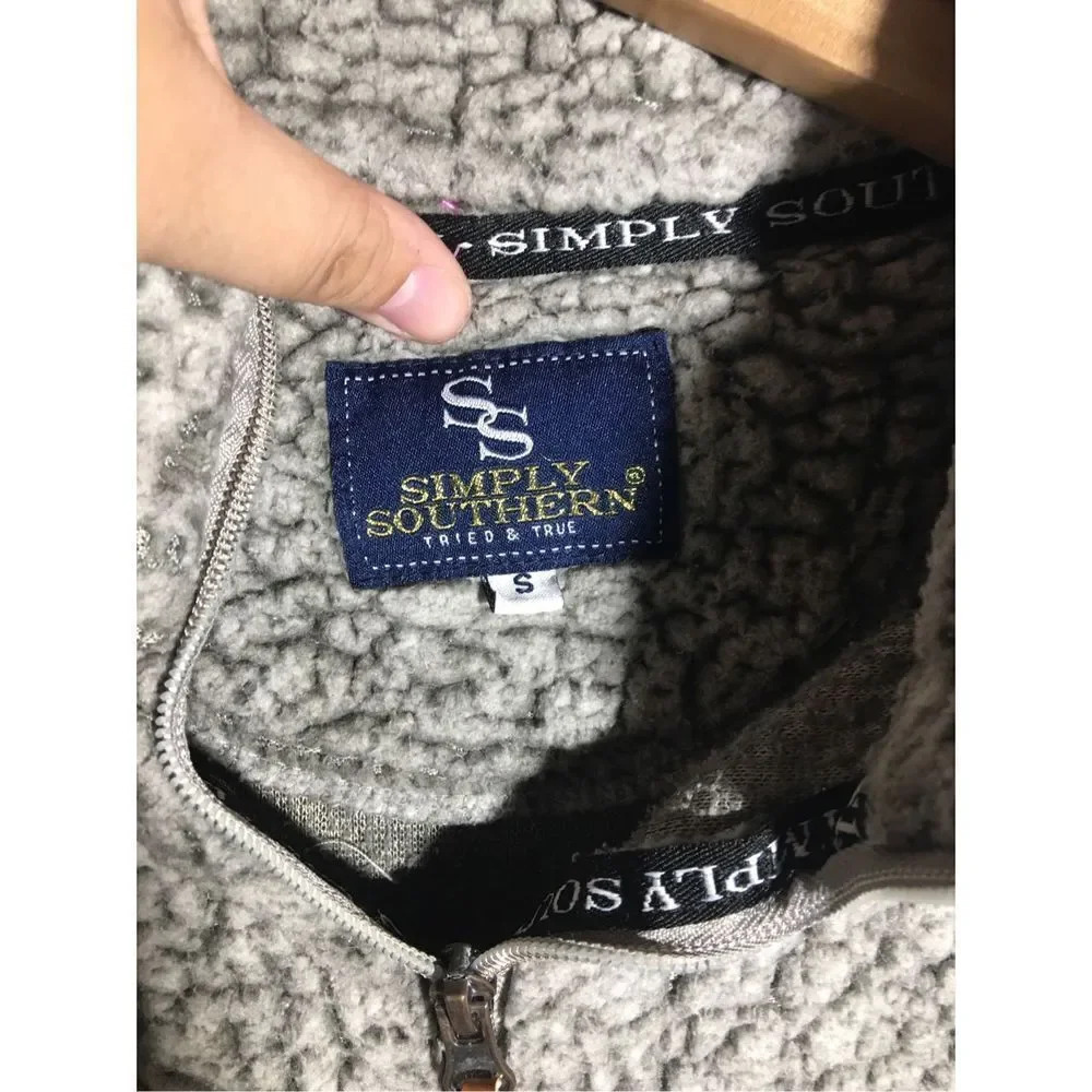 Womens Simply Southern Jacket Sherpa Quarter Zip Dark Grey Winter Faux Leather - Picture 2 of 7